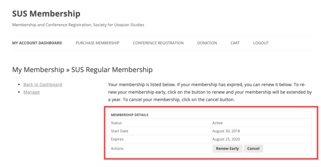 screen capture of membership page